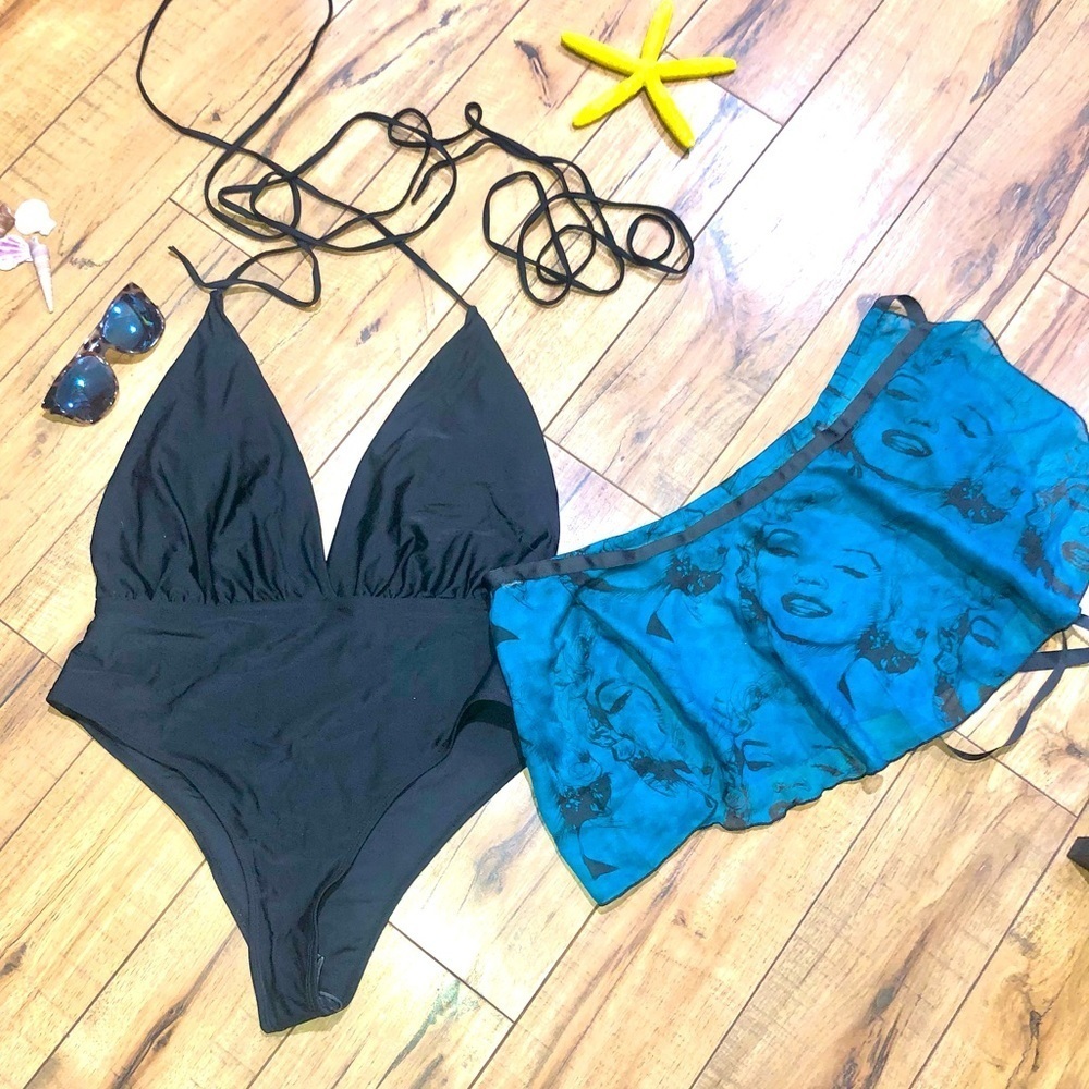 Black one piece swimsuit and teal skirt wrap XL
